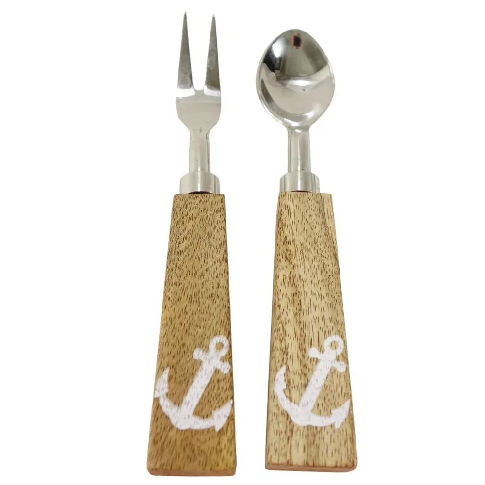 Vintage Fork and Spoon Set Cocktail Appetizer Wood Handle Nautical Design‎ 8 Pc